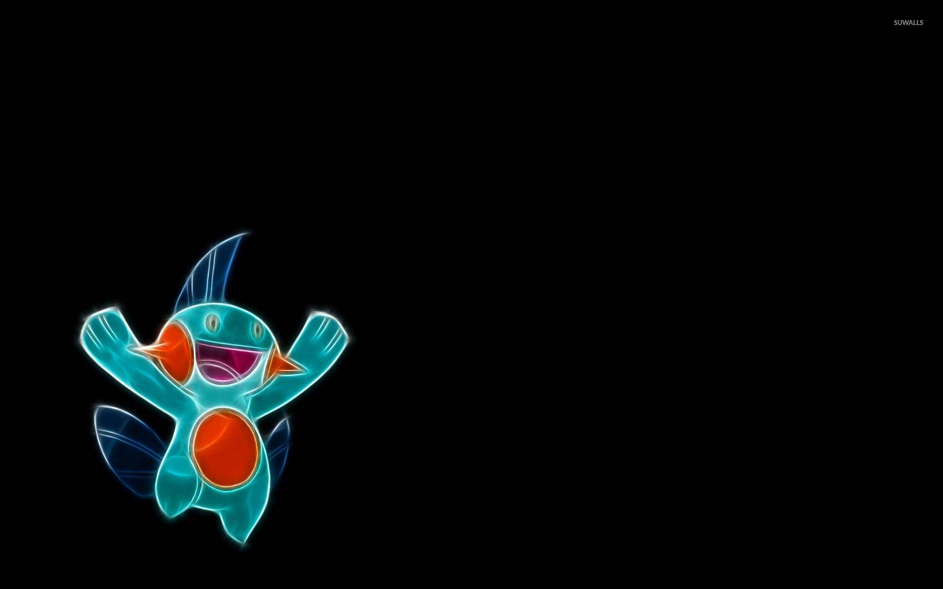 Mudkip 桌布 壁紙 — 一個發光的青色和橙色卡通生物，有鰭和寬闊的笑容，漂浮在純黑色背景上。