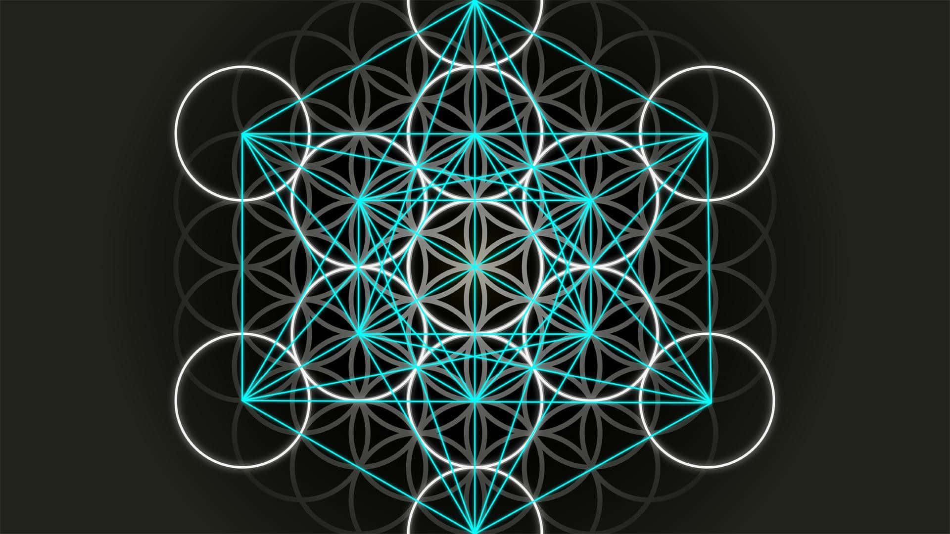 sacred 桌布 壁紙 — 一個發光的青色和白色幾何圖案從中央的生命之花設計向黑暗背景輻射。