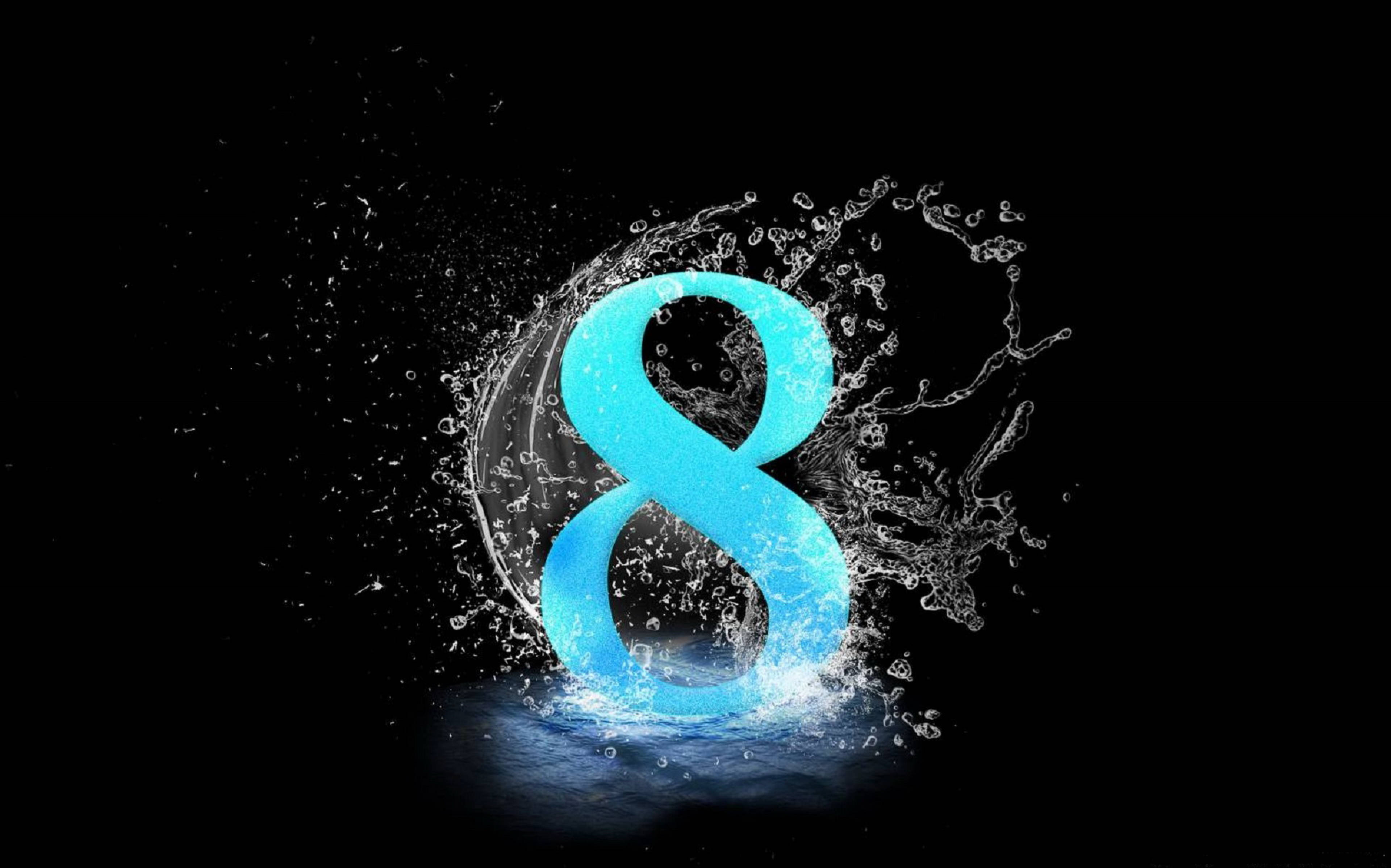 Numbers 桌布 壁紙 — 一個發光的青色數字8從動態的水花中浮現，背景是純黑色。