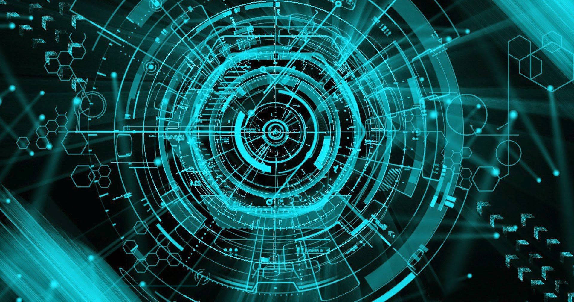Futuristic Desktop 桌布 壁紙 — 一個發光的青色未來感介面，帶有同心數位環和六邊形圖案，背景為深色。