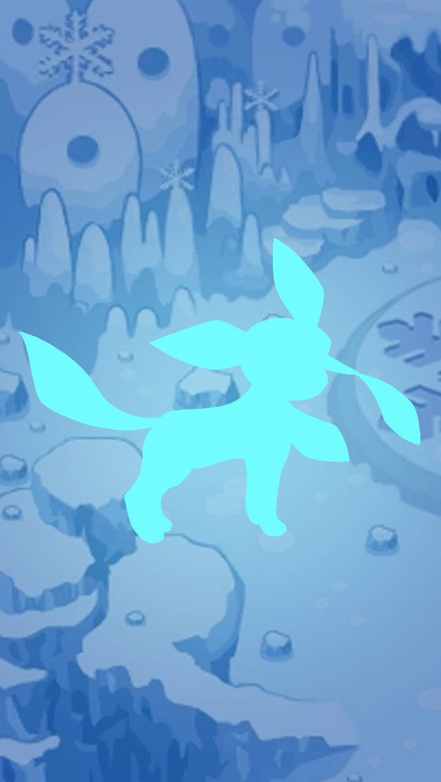Glaceon 桌布 壁紙 — 一個發光的青色狐狸狀生物剪影站在一個風格化的冰雪景觀中，有雪花和冰凍結構。
