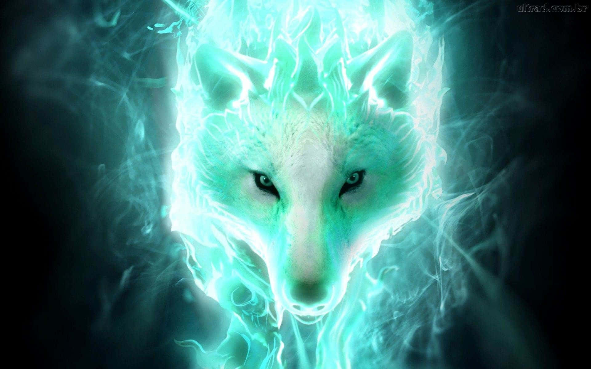 狼 桌布 壁紙 — 一個發光的青色狼頭從旋轉的迷霧中浮現，背景黑暗，眼睛銳利。