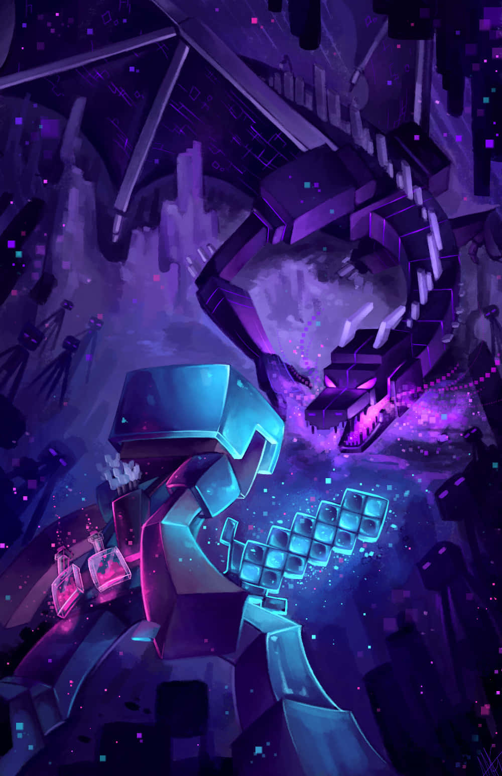 Minecraft Fan Art 桌布 壁紙 — 一個發光的青色裝甲人物，在破碎的數位廢墟中，挑釁地站在一隻巨大的紫色機械龍面前。