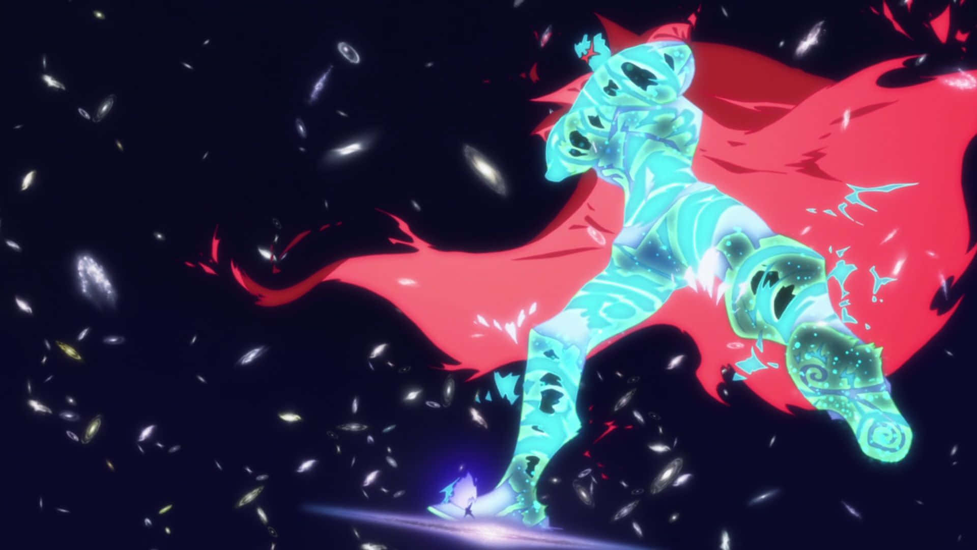 Gurren Lagann Simon 桌布 壁紙 — 一個發光的青色裝甲人物，披著飄逸的紅色斗篷，動態地跳躍過充滿漂浮星系的宇宙虛空。