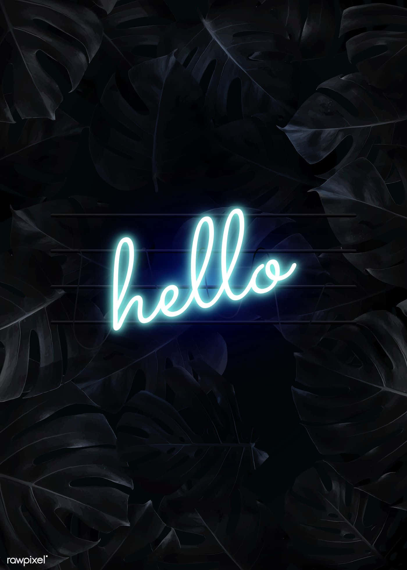 Hello 桌布 壁紙 — 一個發光的青色霓虹燈牌，拼出 hello，漂浮在深色龜背竹葉之間，營造出陰鬱的夜晚氛圍。