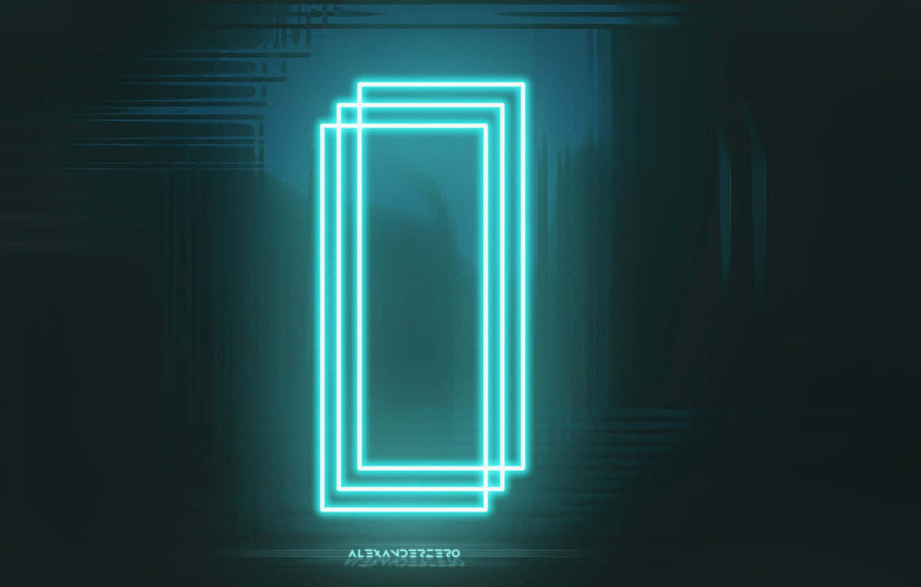 Beautiful Neon 桌布 壁紙 — 一個發光的青色霓虹燈矩形框在帶有微妙網格線的黑暗抽象數位背景上脈動。