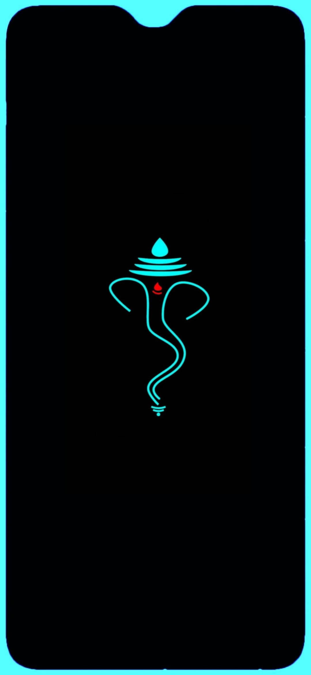 hindu iPhone 桌布 壁紙 — 一個發光的青色霓虹輪廓的象神，居中在黑色手機螢幕上，帶有青色邊框。