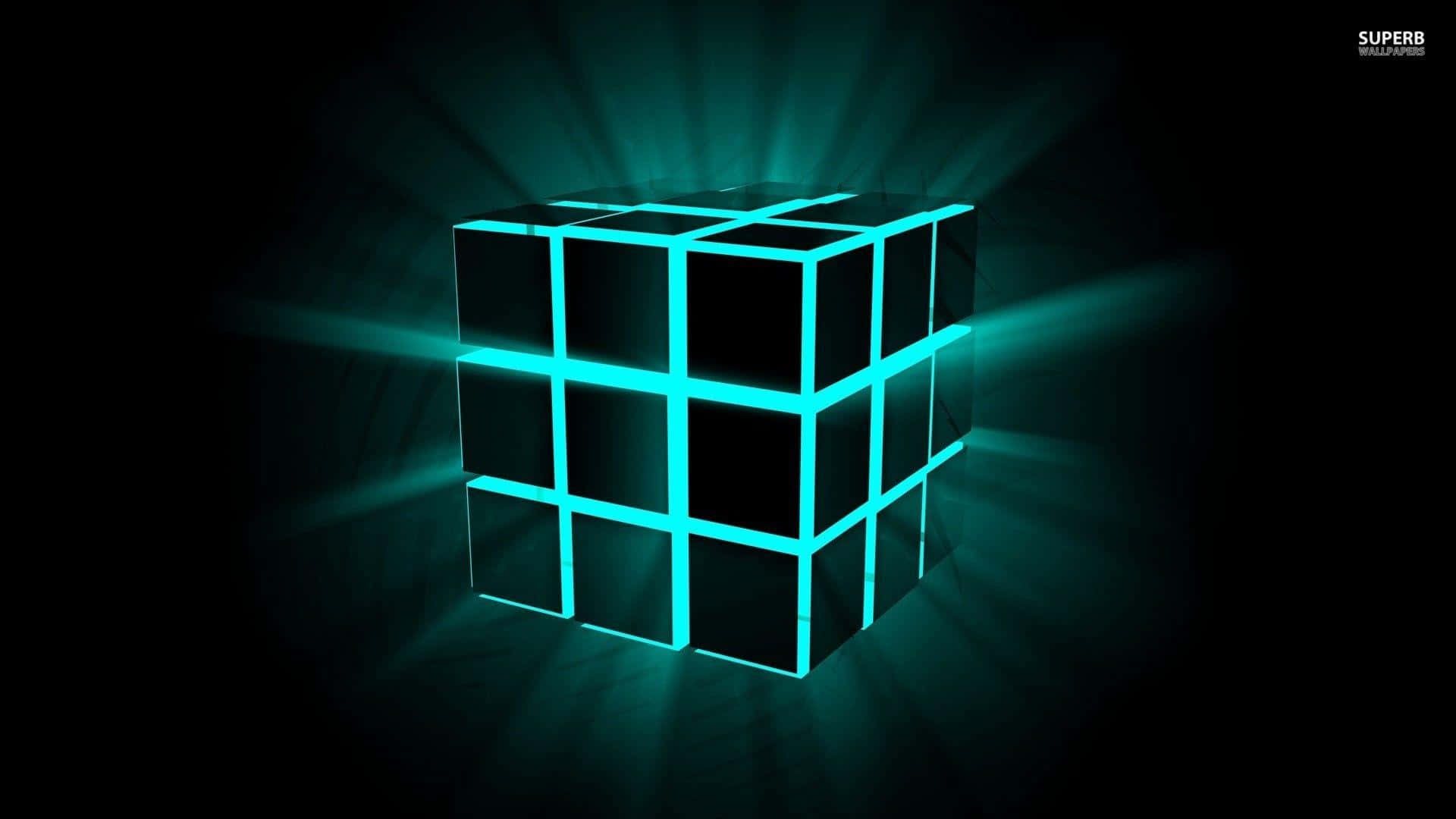 glow 桌布 壁紙 — 一個發光的青色魔術方塊在黑色背景下散發出光束。