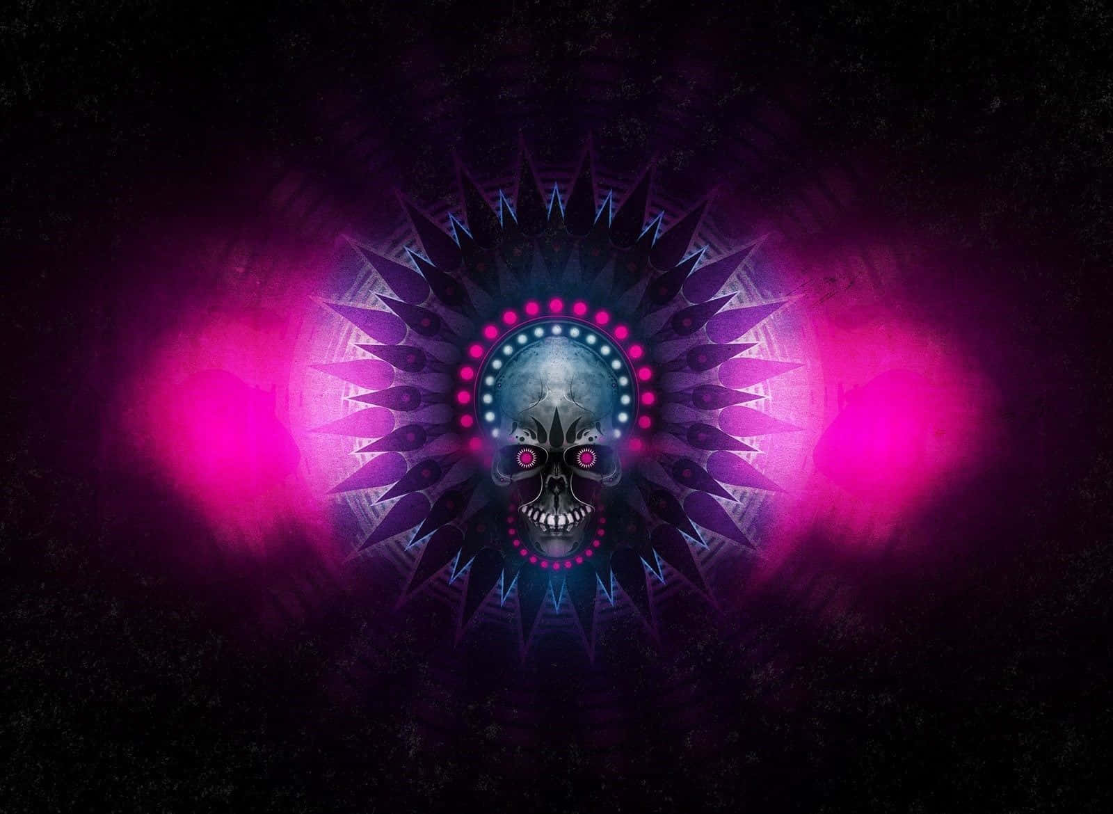 Dark Psychedelic HD 桌布 壁紙 — 一個發光的頭骨，帶有粉紅色的眼睛和霓虹燈，從幾何曼陀羅中散發出來，背景是黑暗的宇宙。