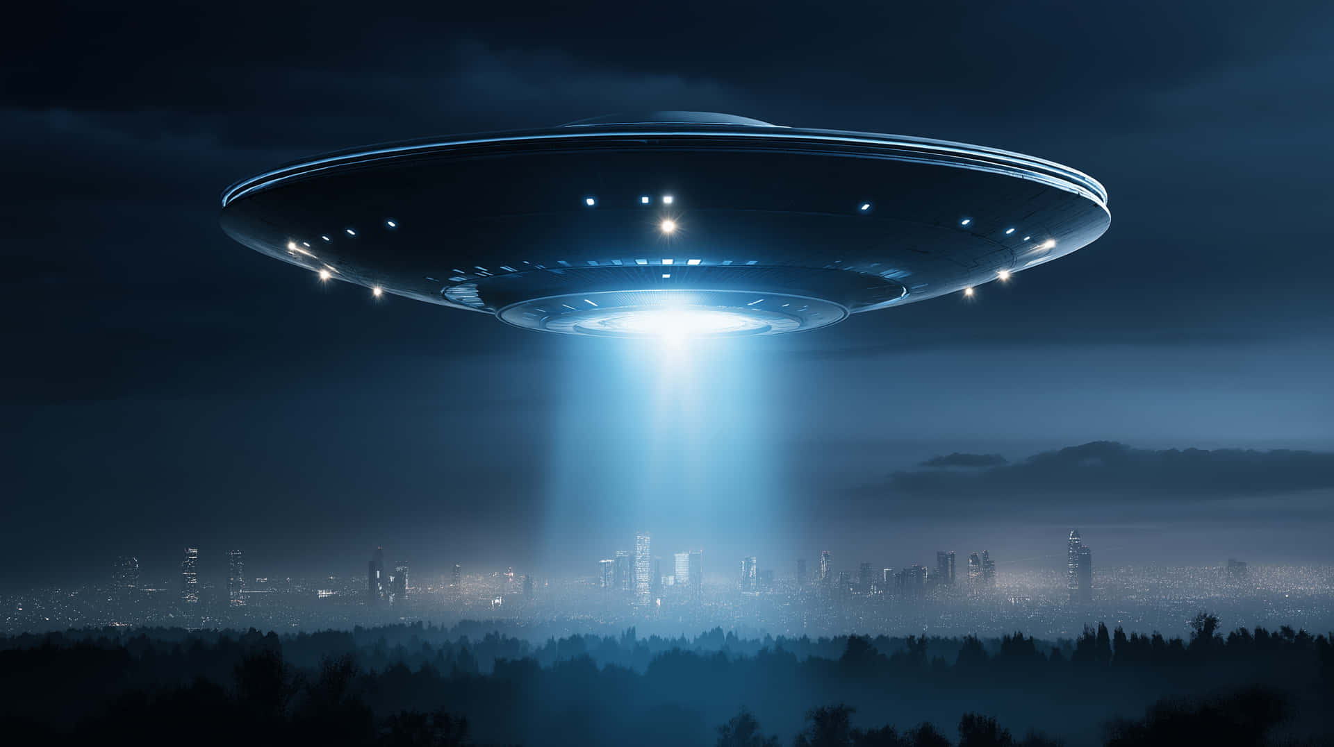 UFO Beaming Over City at Night: Extraterrestrial Arrival 壁紙 — 一個發光的飛碟形UFO在夜間懸浮於城市天際線上空，向下投射出一道明亮的光束。
