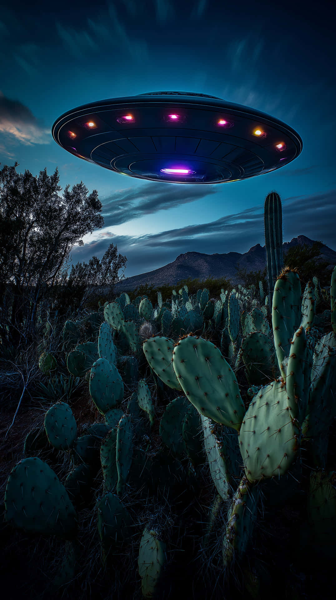 Desert UFO Encounter 壁紙 — 一個發光的飛碟形UFO懸浮在佈滿仙人掌的沙漠景觀上空，背景是暮色天空。