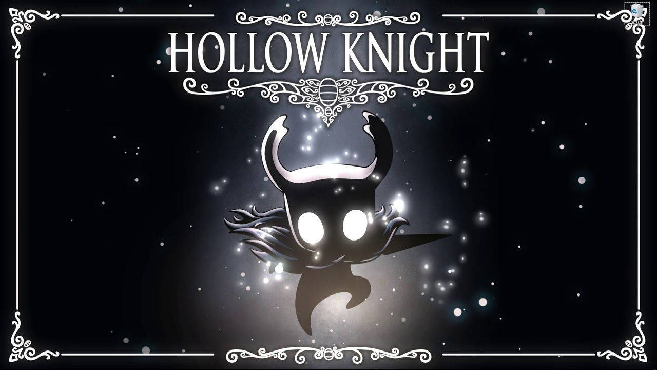 Hollow 桌布 壁紙 — 一個發光的騎士，有角和翅膀，漂浮在星空黑色背景上，周圍有華麗的白色邊框。