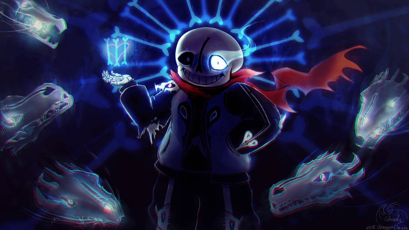 Sans 桌布 壁紙 — 一個發光的骷髏動漫角色，戴著紅色圍巾，揮舞著藍色能量武器，被漂浮的龍頭包圍在深藍色的虛空中。