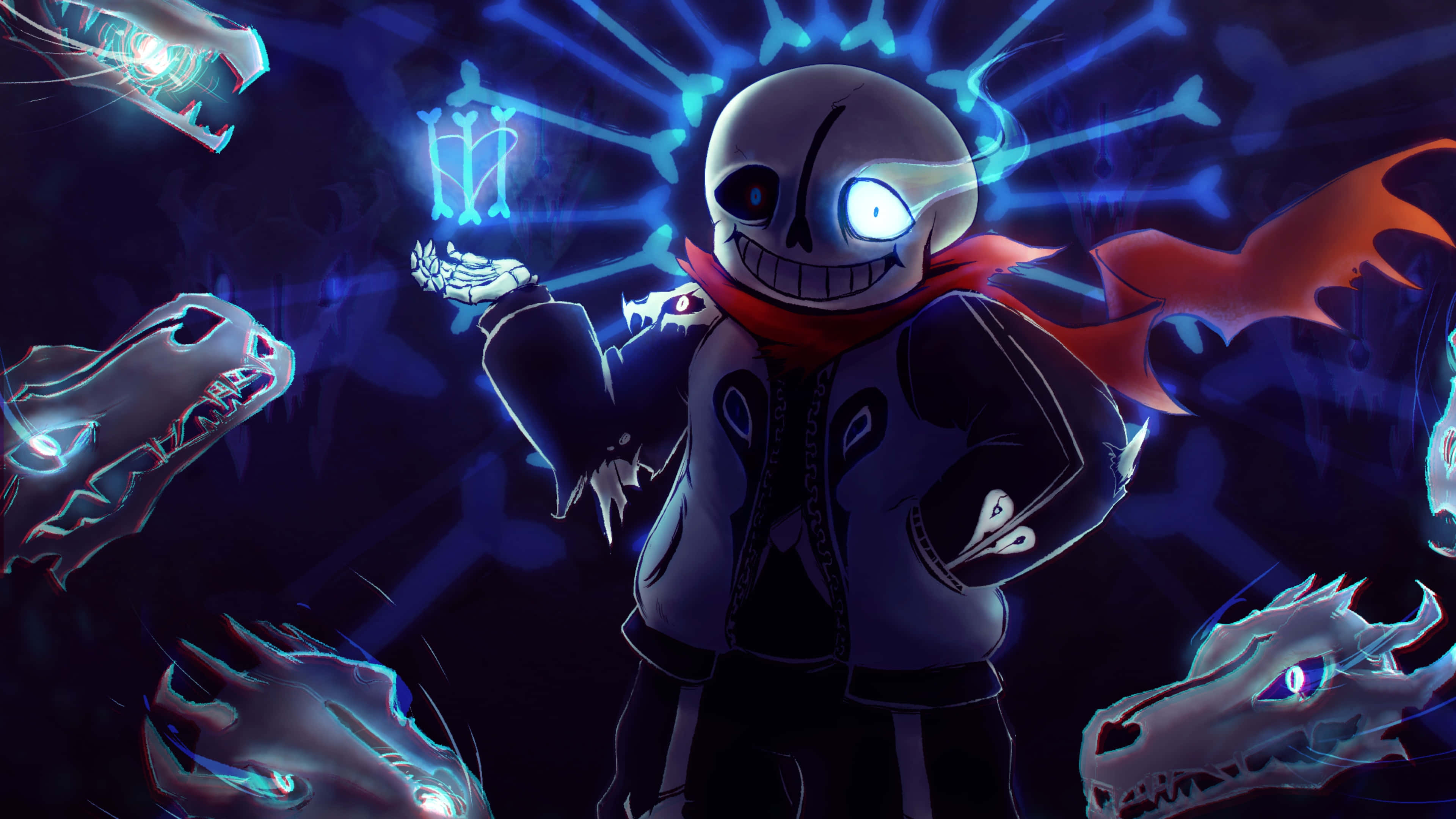 Sans 桌布 壁紙 — 一個發光的骷髏動漫角色穿著連帽衫，揮舞著骨杖，周圍環繞著漂浮的幽靈生物，背景是深藍色。