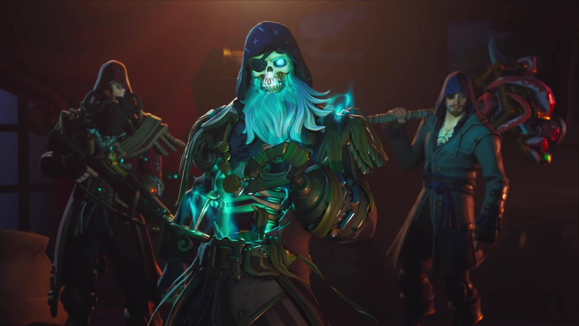 Fortnite 桌布 壁紙 — 一個發光的骷髏海盜，長著藍色鬍鬚和發光的眼睛，在昏暗的船艙中由兩名武裝船員左右脅迫地站著。