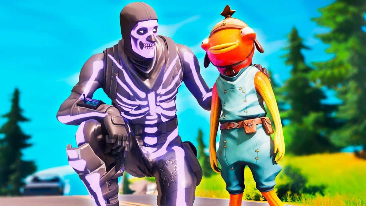 Fortnite 桌布 壁紙 — 一個發光的骷髏角色和一個像魚的生物一起站在明亮的戶外環境中，有松樹和清澈的藍天。