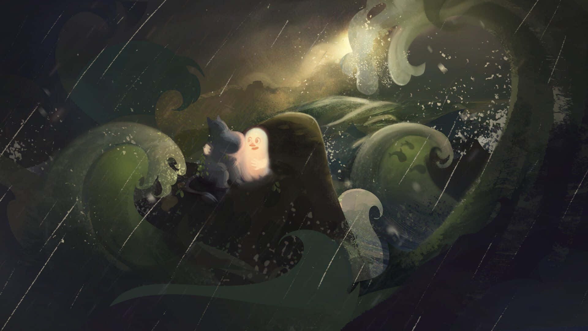 Painting 桌布 壁紙 — 一個發光的鬼影騎著黑暗的波浪穿過暴風雨的海面，伴隨著旋轉的綠色海水和落下的雨。