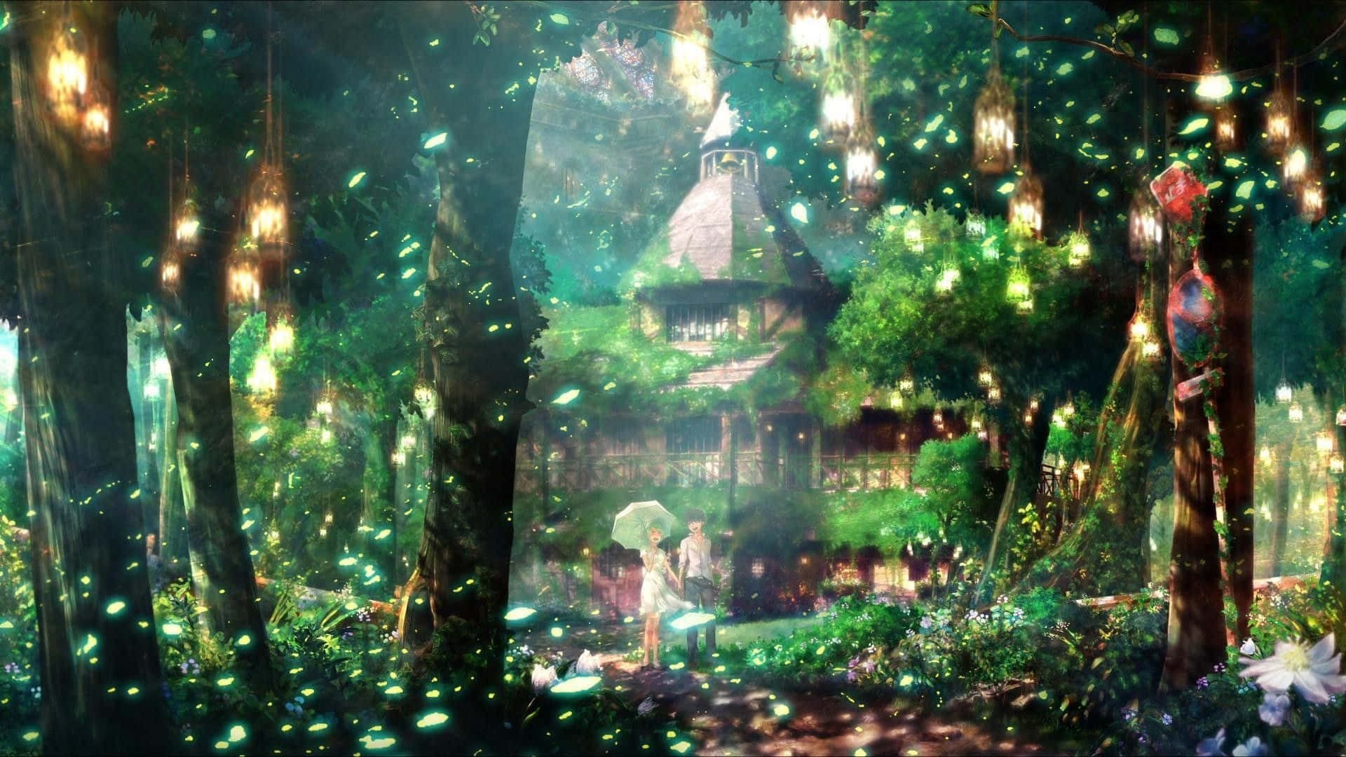 深綠色系動畫 桌布 壁紙 — 一個發光的魔法森林，掛著的燈籠照亮了一間長滿青苔的小屋，兩個身影站在雨傘下。