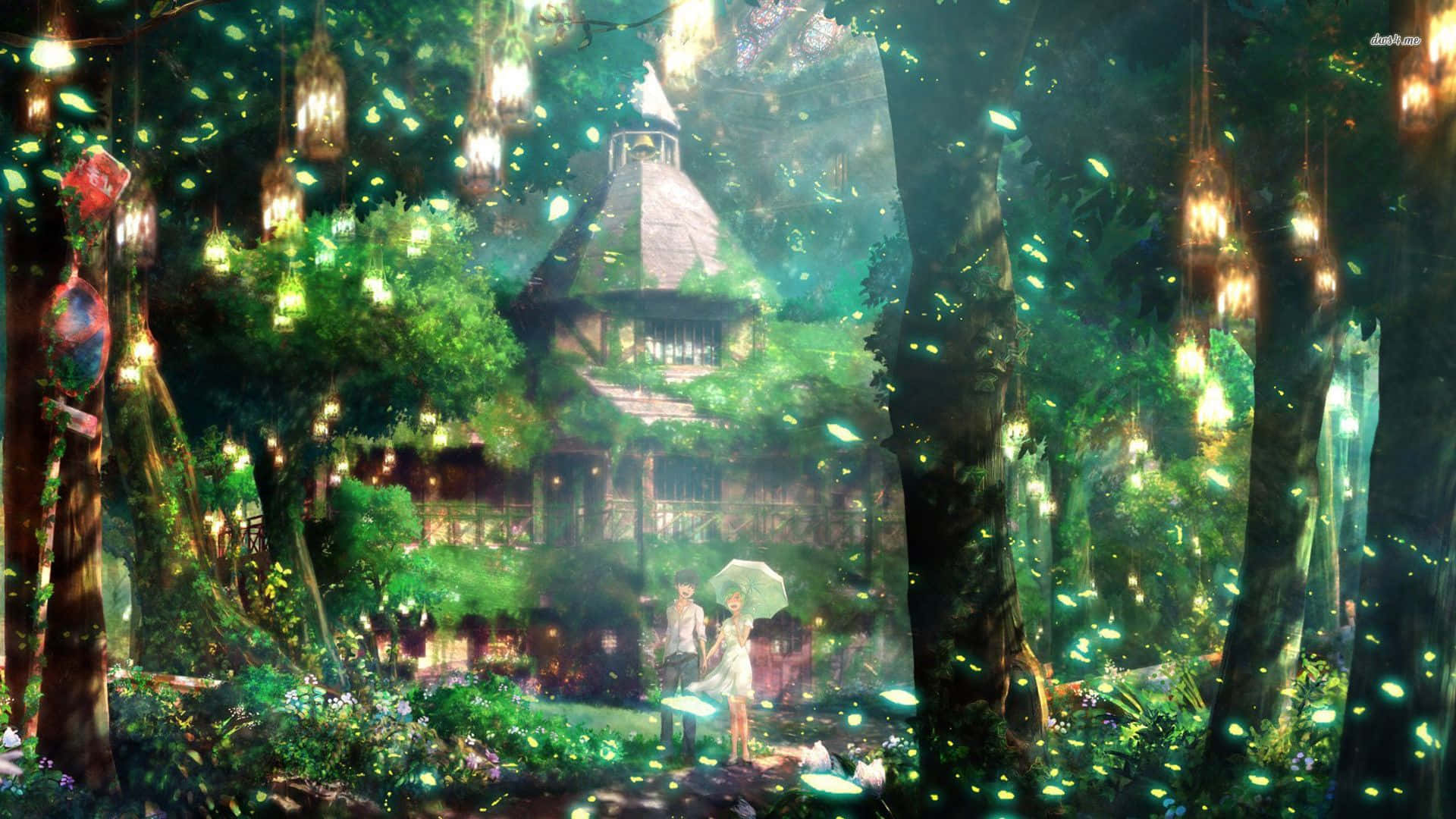 動漫 桌布 壁紙 — 一個發光的魔法森林，有一對情侶在雨傘下，靠近一個被掛燈籠照亮的長滿苔蘚的樹屋。