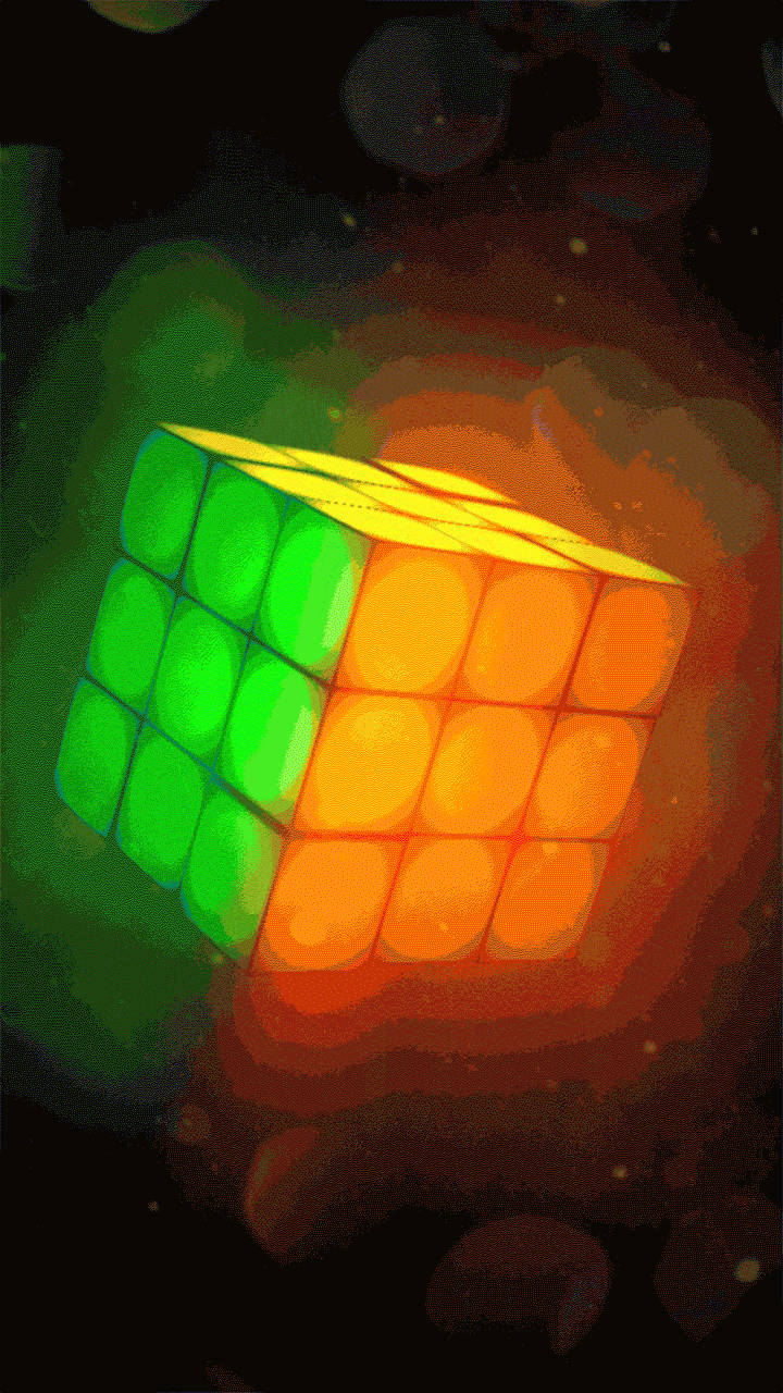 Cell 桌布 壁紙 — 一個發光的魔術方塊，帶有綠色和橙色面，漂浮在宇宙星雲中，有旋轉的暗雲和漂浮的球體。