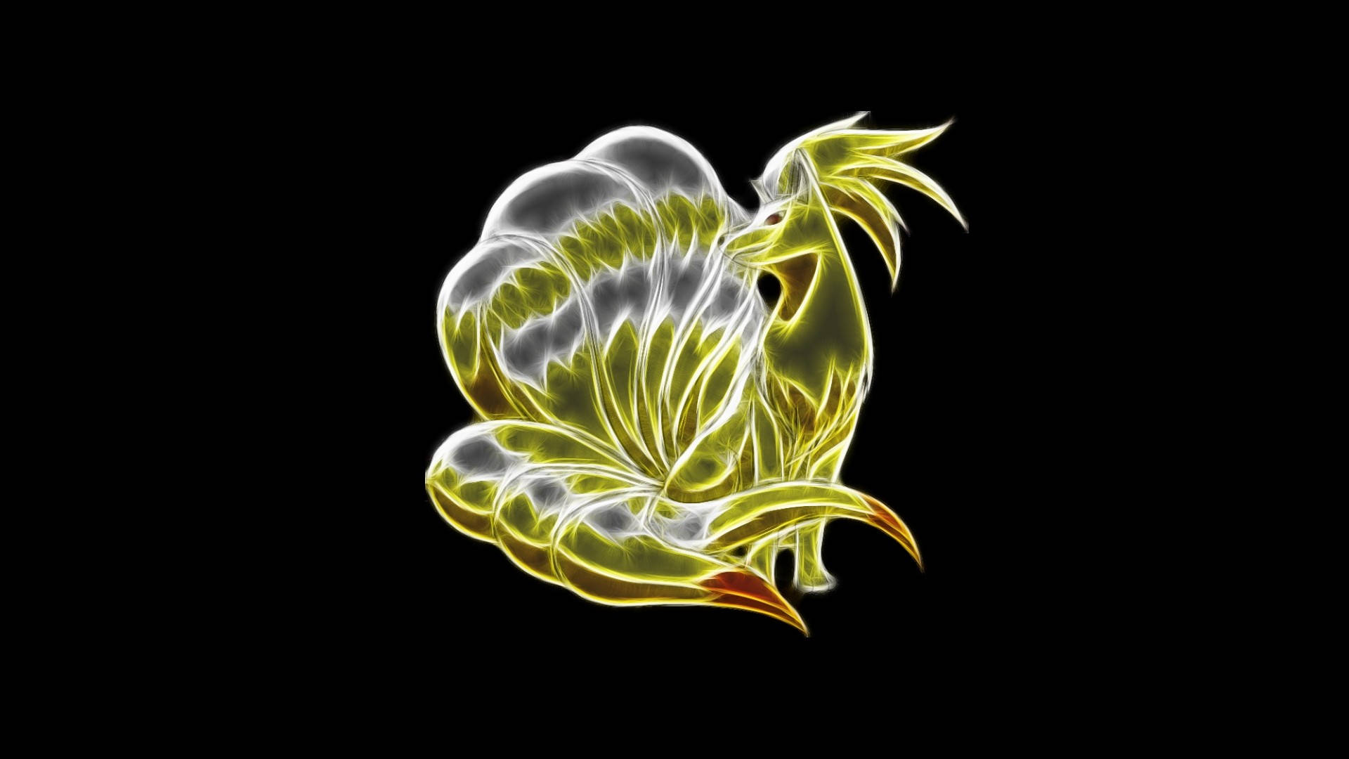 九尾狐 桌布 壁紙 — 一個發光的黃白色龍狀生物，帶有流動的鰭，蜷縮在黑色背景上。