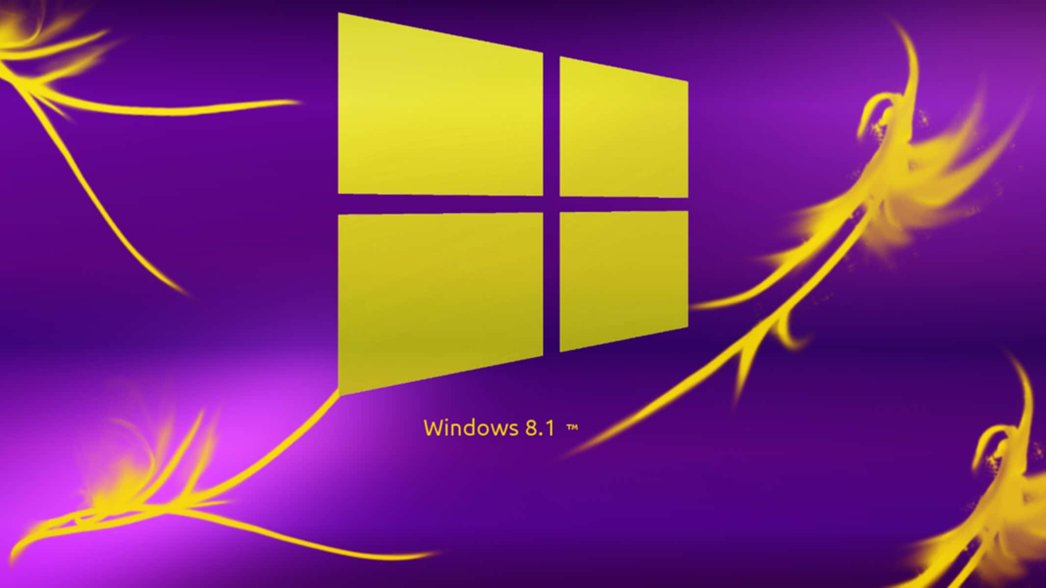 Windows Computer 桌布 壁紙 — 一個發光的黃色 Windows 8.1 標誌，居中在充滿活力的紫色背景上，帶有動態的金色火焰狀漩渦。