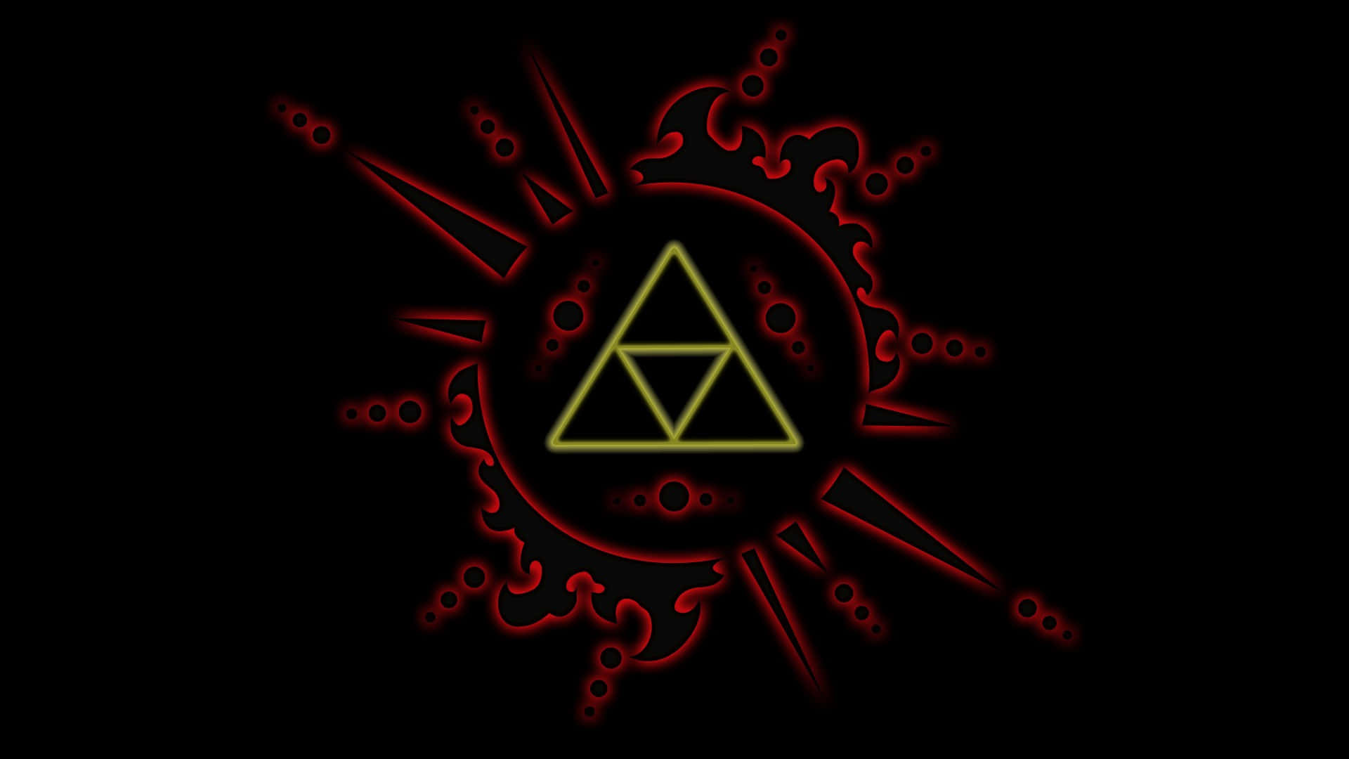 triforce 桌布 壁紙 — 一個發光的黃色三角力量符號，周圍環繞著複雜的紅色霓虹圖案，背景為黑色。