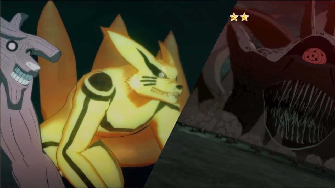 Gyuki 桌布 壁紙 — 一個發光的黃色九尾狐動漫角色站在一個咧嘴笑的木偶和一個有紅色眼睛的黑暗怪物實體之間。