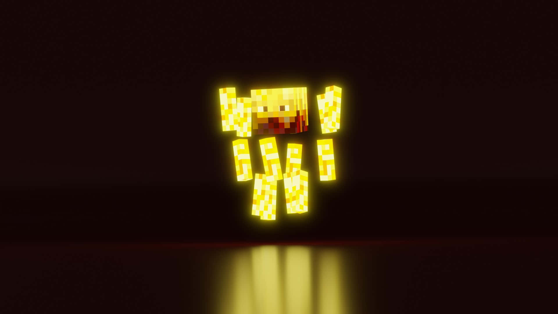 Minecraft Blaze 桌布 壁紙 — 一個發光的黃色像素Minecraft角色獨自站在黑暗的反光表面上，散發出溫暖的光芒。