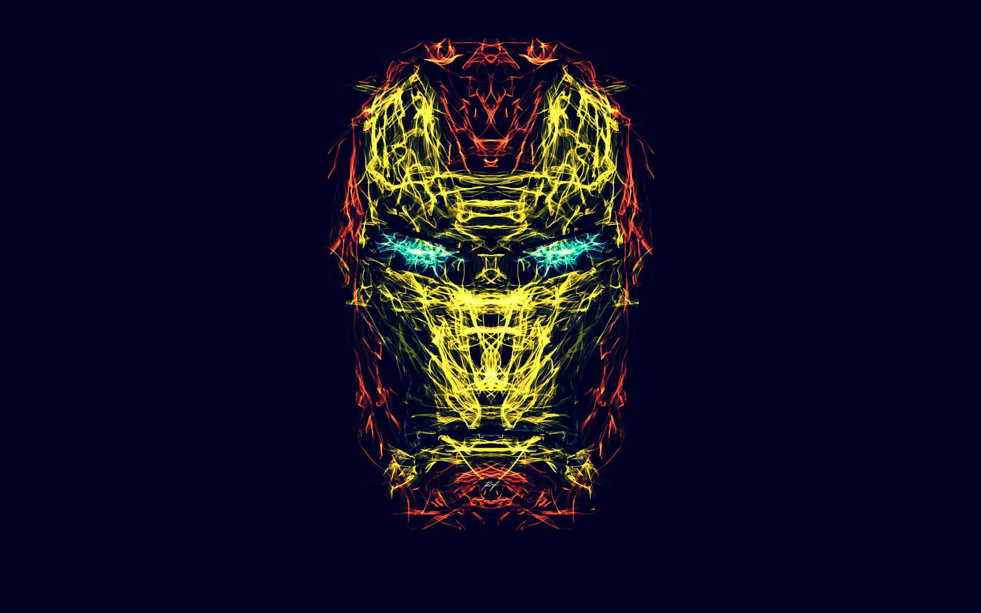 Really 桌布 壁紙 — 一個發光的黃色和紅色鋼鐵人頭盔，帶有藍色眼睛，背景為深色。