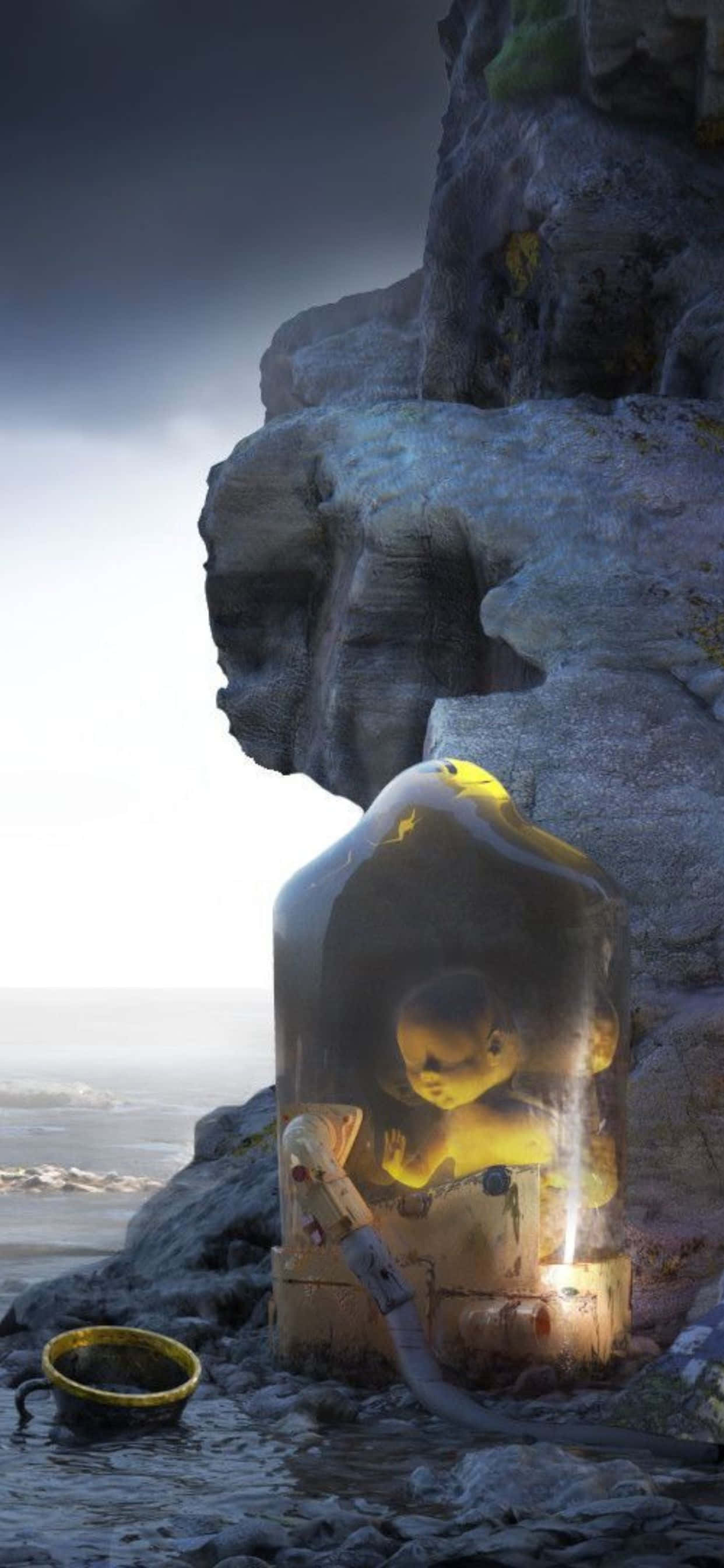 iPhone Xs Max Death Stranding 桌布 壁紙 — 一個發光的黃色嬰兒在玻璃罐中，坐在風暴天空下的岩石海灘上，旁邊是海洋。