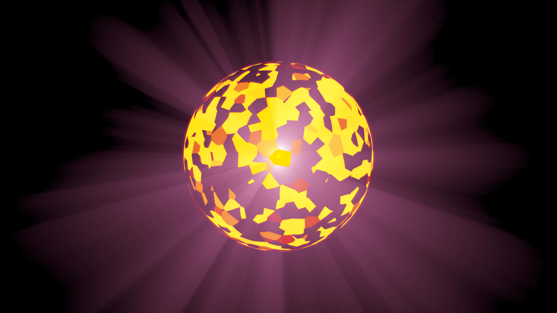 Sphere 桌布 壁紙 — 一個發光的黃色幾何球體在深紫色背景上脈動著光芒，並帶有放射狀光束。