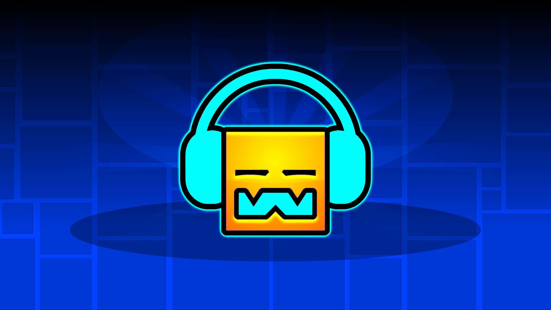 Geometry Dash 桌布 壁紙 — 一個發光的黃色方塊角色，留著鬍子，戴著青色耳機，背景是深藍色網格。