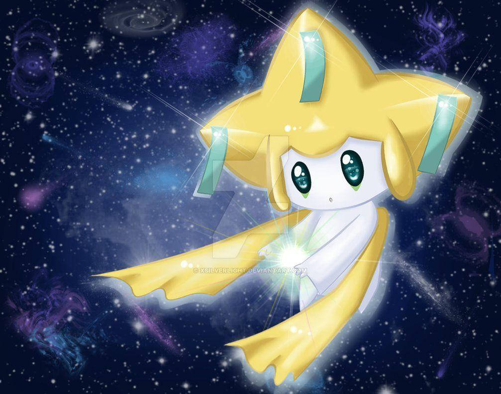 Stars 桌布 壁紙 — 一個發光的黃色星形動漫角色，擁有藍綠色眼睛，在充滿星星和旋轉星系的生動宇宙星雲中寧靜地漂浮。
