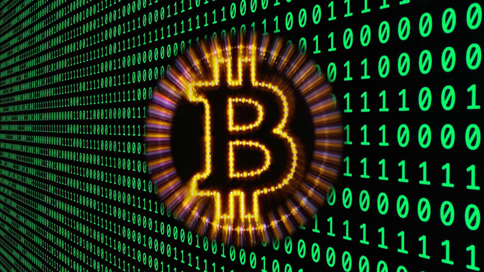 比特幣 桌布 壁紙 — 一個發光的黃色比特幣符號在充滿綠色二進制代碼的黑色背景上脈動。