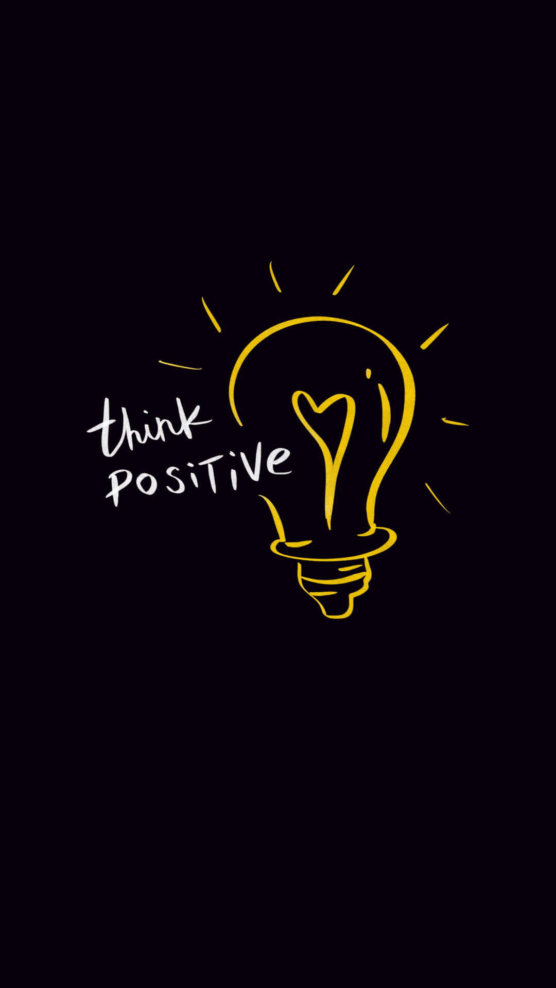 Minimalist Quote 桌布 壁紙 — 一個發光的黃色燈泡，裡面有一顆心，在黑暗背景上散發正能量，並帶有手寫文字。