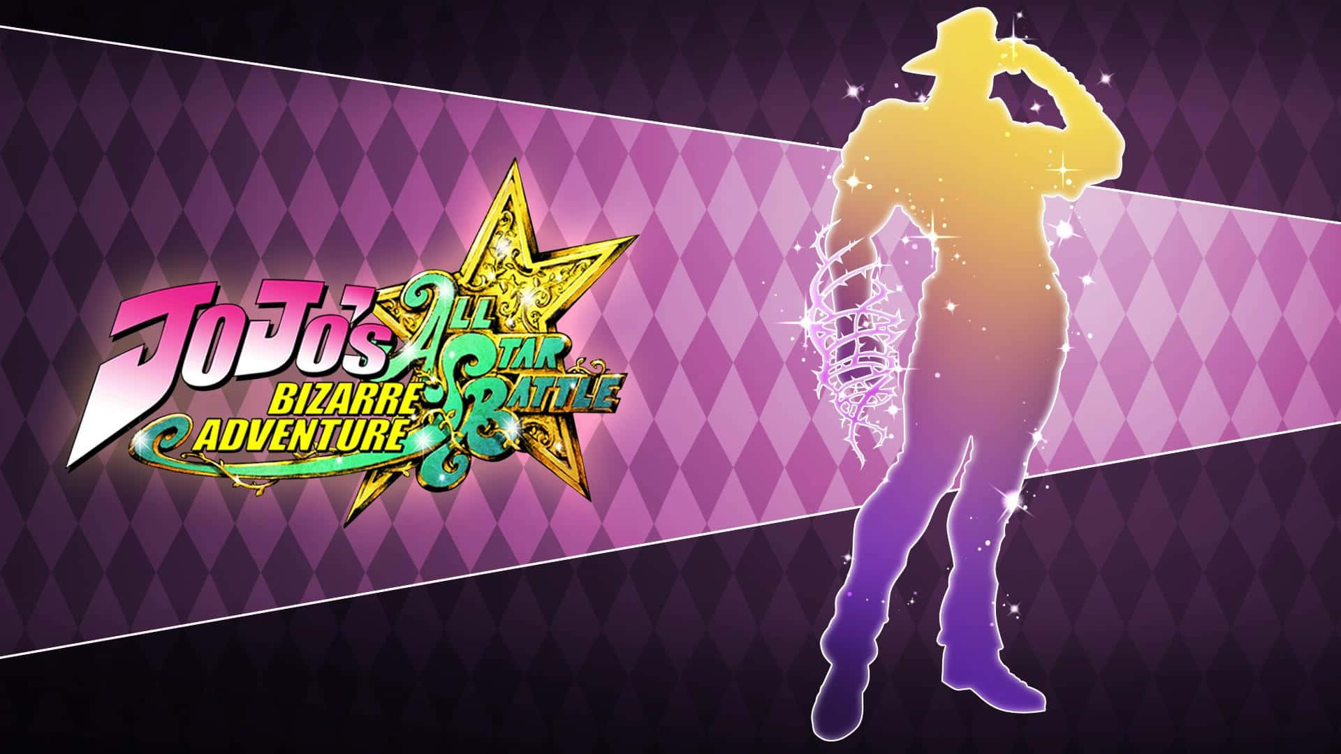 joseph joestar 桌布 壁紙 — 一個發光的黃色牛仔剪影站在JoJo's Bizarre Adventure All Star Battle標誌旁邊，背景是紫色鑽石圖案。