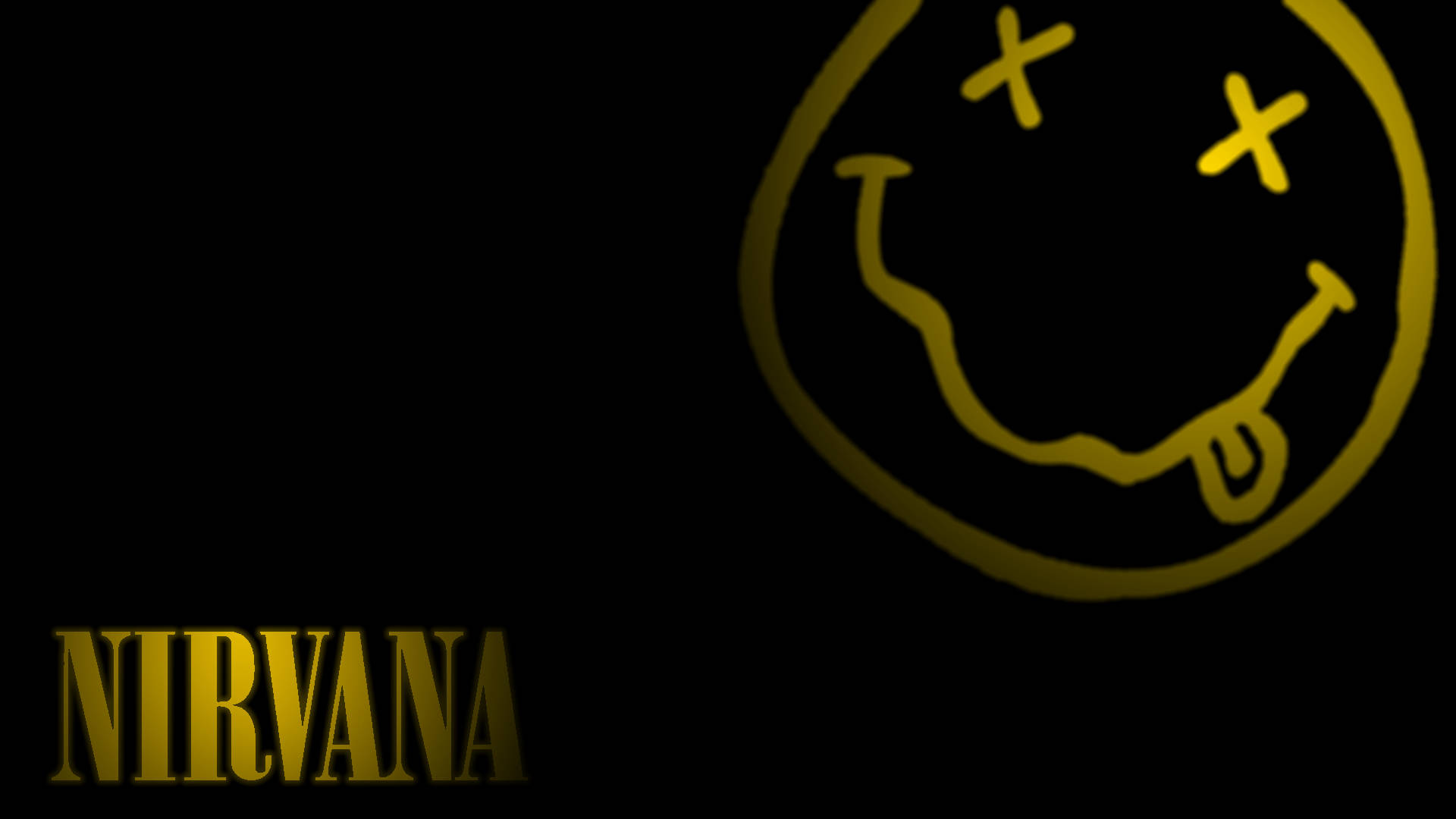 nirvana 4K 桌布 壁紙 — 一個發光的黃色笑臉，帶有X形眼睛和伸出舌頭，背景為黑色，並帶有'NIRVANA'文字。