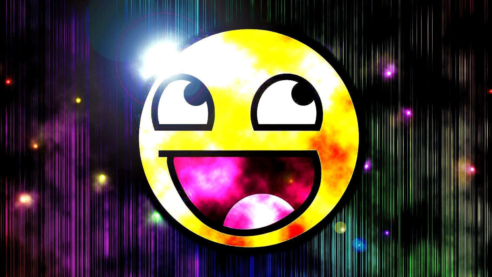 Happy Face 桌布 壁紙 — 一個發光的黃色笑臉，有大眼睛和粉紅色的嘴巴，置於充滿垂直光線的鮮豔宇宙背景上。