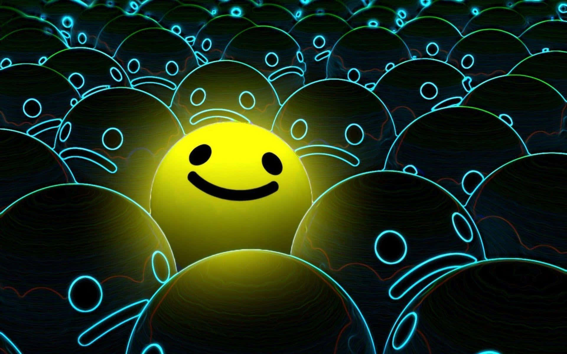 Smile 桌布 壁紙 — 一個發光的黃色笑臉在眾多帶有霓虹輪廓的黑暗皺眉臉中散發溫暖。