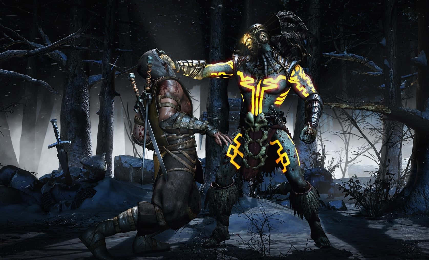 Mortal Kombat 桌布 壁紙 — 一個發光的黃色裝甲戰士在黑暗的雪夜森林中對峙一個跪著的裝甲人物。