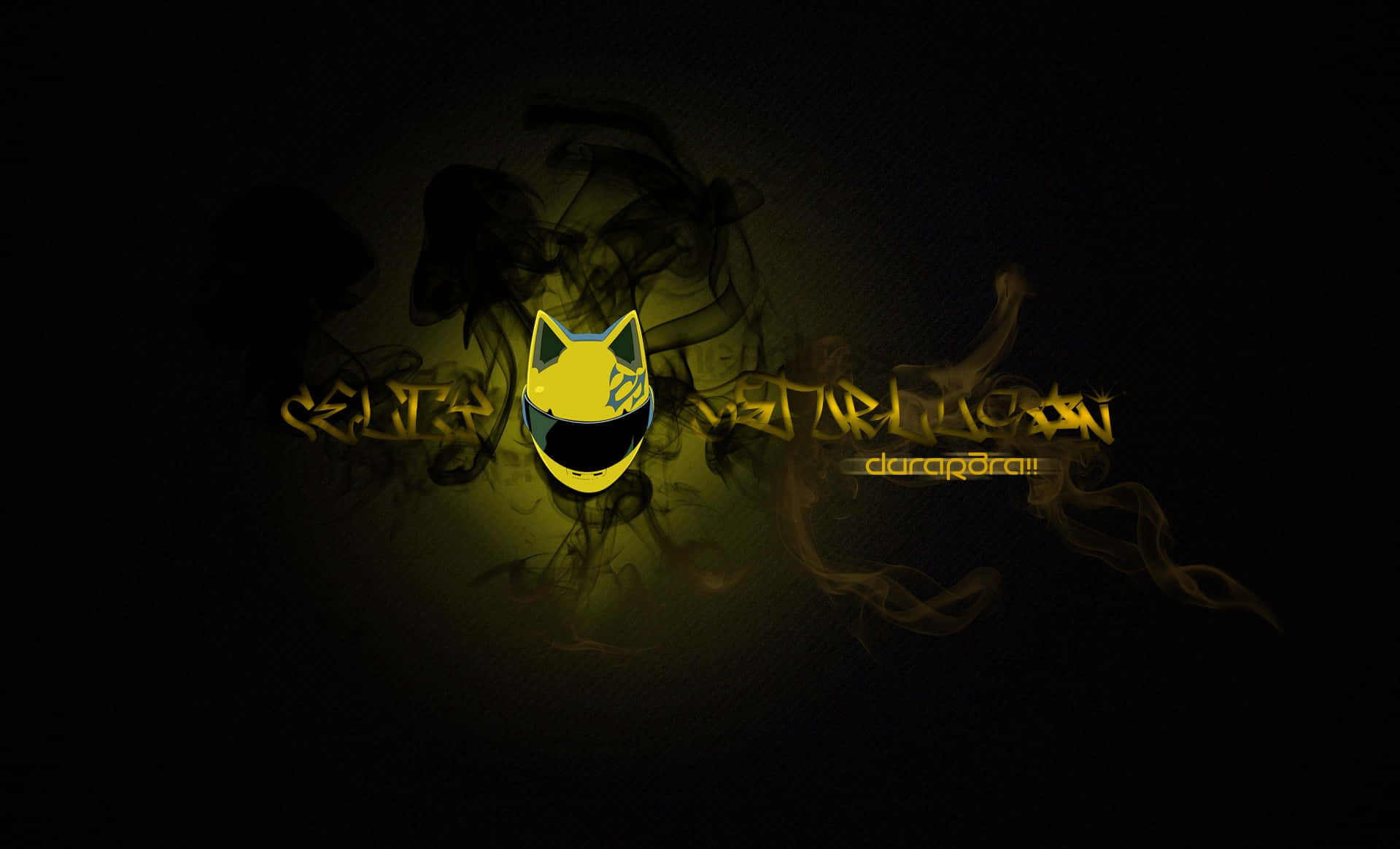 Celty Sturluson 桌布 壁紙 — 一個發光的黃色貓耳頭盔從旋轉的煙霧中浮現，背景為深色，並帶有風格化文字。