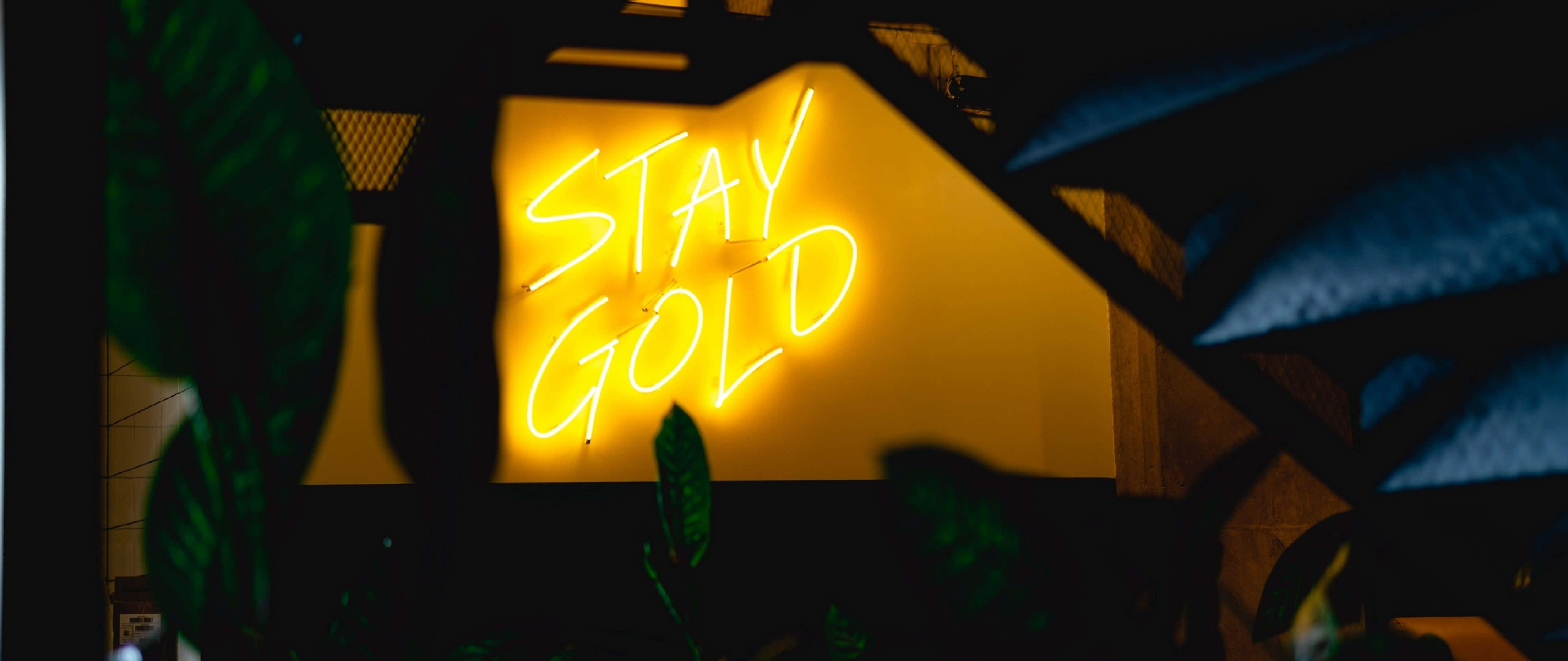 霓虹 桌布 壁紙 — 一個發光的黃色霓虹燈牌，上面寫著「STAY GOLD」，被深色剪影樹葉框在一個陰鬱的室內環境中。