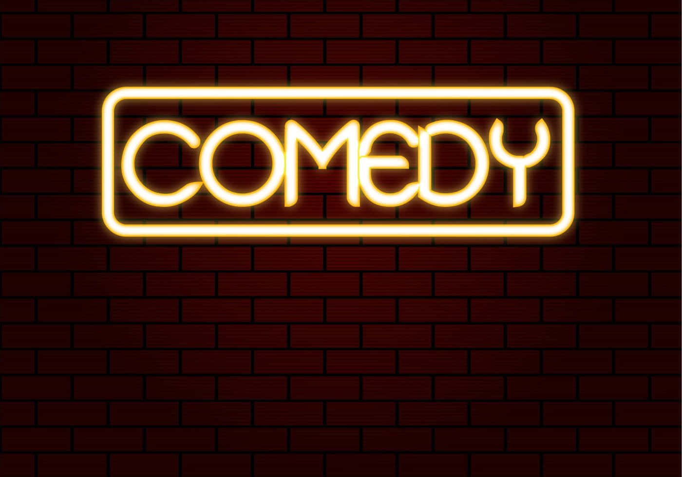 comedy 桌布 壁紙 — 一個發光的黃色霓虹燈牌，拼寫出 COMEDY，安裝在深紅色磚牆上。