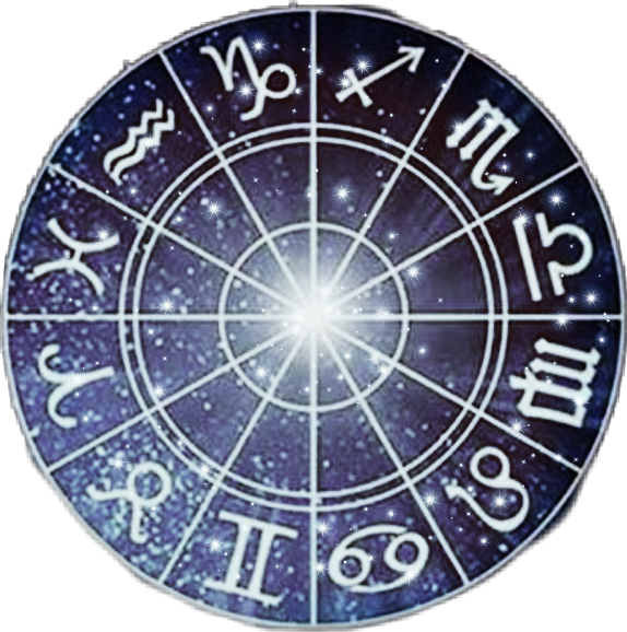 處女座 桌布 壁紙 — 一個發光的黃道輪，帶有十二個占星符號，從明亮的中心向星空宇宙背景輻射。