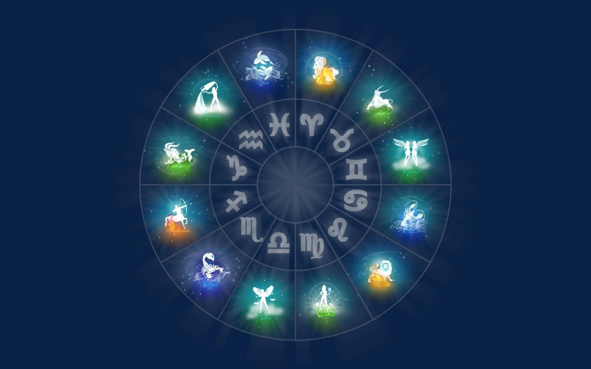 Zodiac Sign 桌布 壁紙 — 一個發光的黃道輪，帶有十二個色彩繽紛的星座符號，在深藍色的宇宙背景中散發光芒。