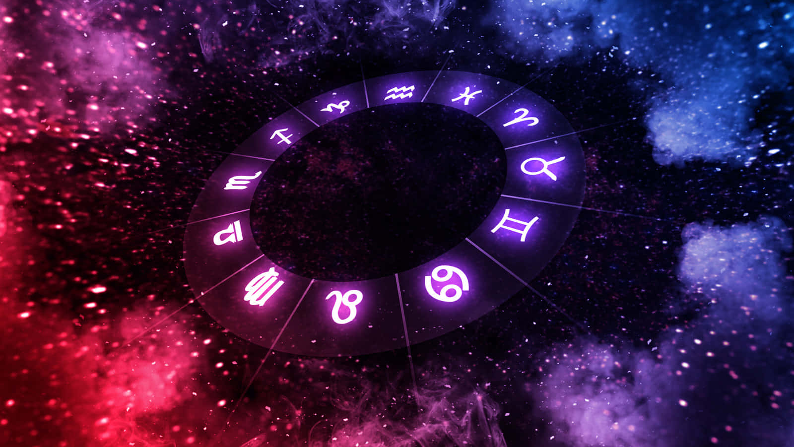 Zodiac Sign 桌布 壁紙 — 一個發光的黃道輪漂浮在粉紅色和紫色星星的宇宙星雲中。