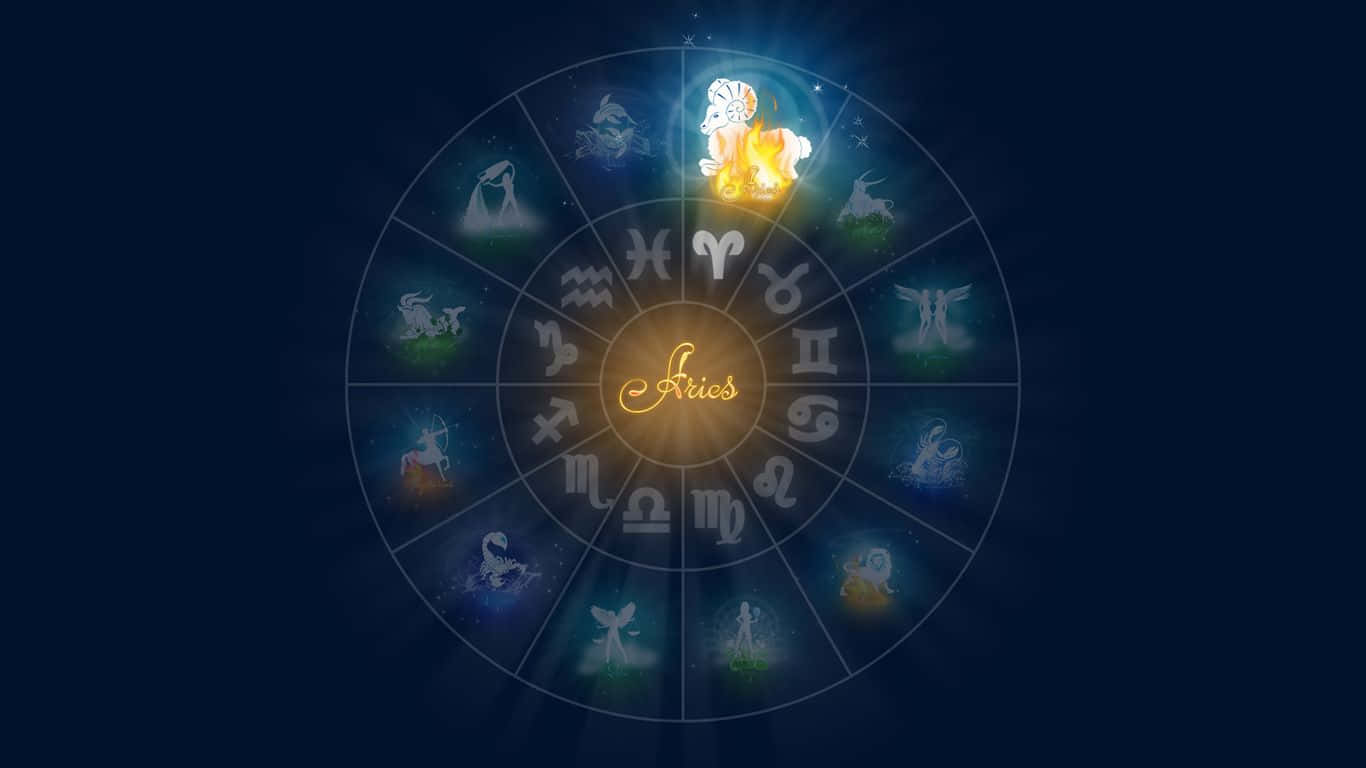 aries 桌布 壁紙 — 一個發光的黃道輪盤，牡羊座在黑暗的宇宙背景下以金色光芒突出顯示。