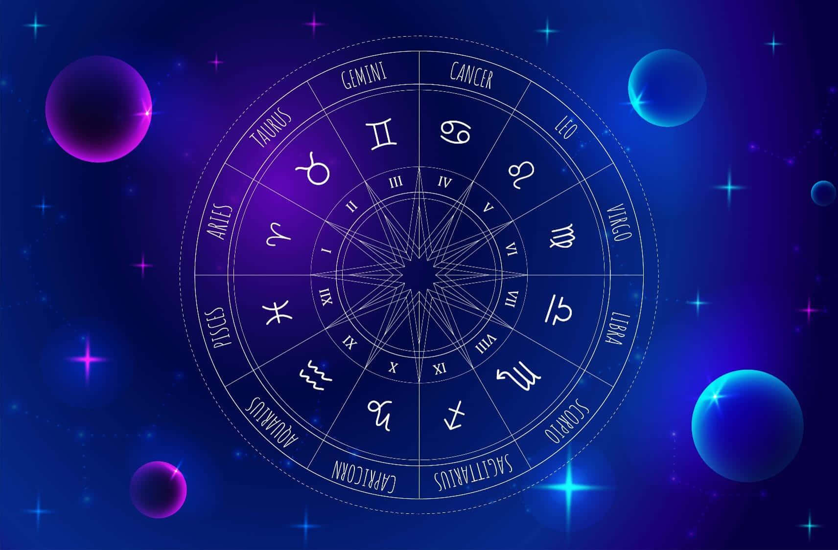 Zodiac Sign 桌布 壁紙 — 一個發光的黃道輪盤帶有占星符號，在紫色藍色星星和漂浮球體的宇宙背景下散發光芒。