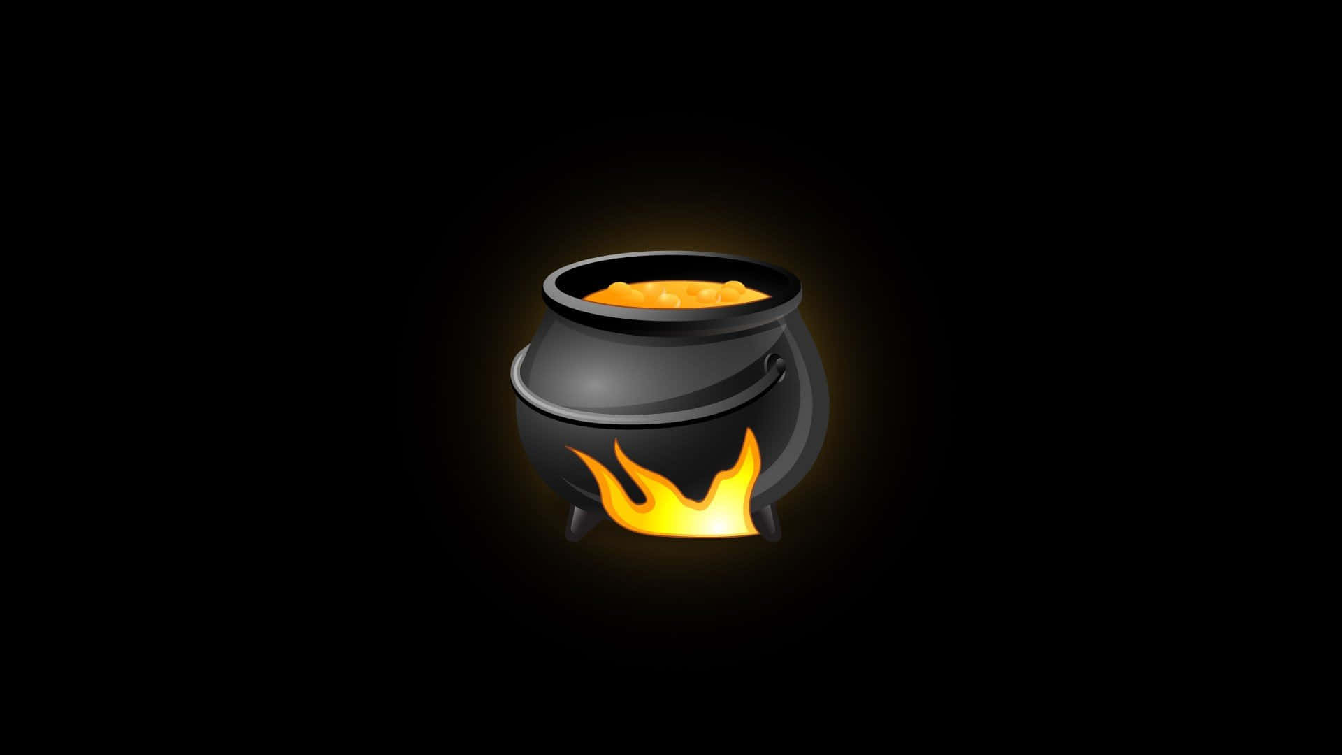 cauldron 桌布 壁紙 — 一個發光的黑色大鍋，裝著冒泡的橙色液體，放在火焰上，背景黑暗。
